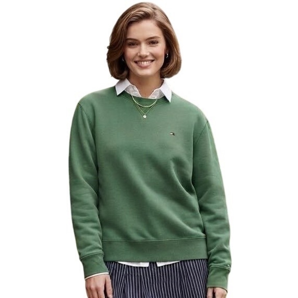 Tommy Hilfiger Sweatshirt Green Crewneck Embroidered Logo Preppy Autumn Large
